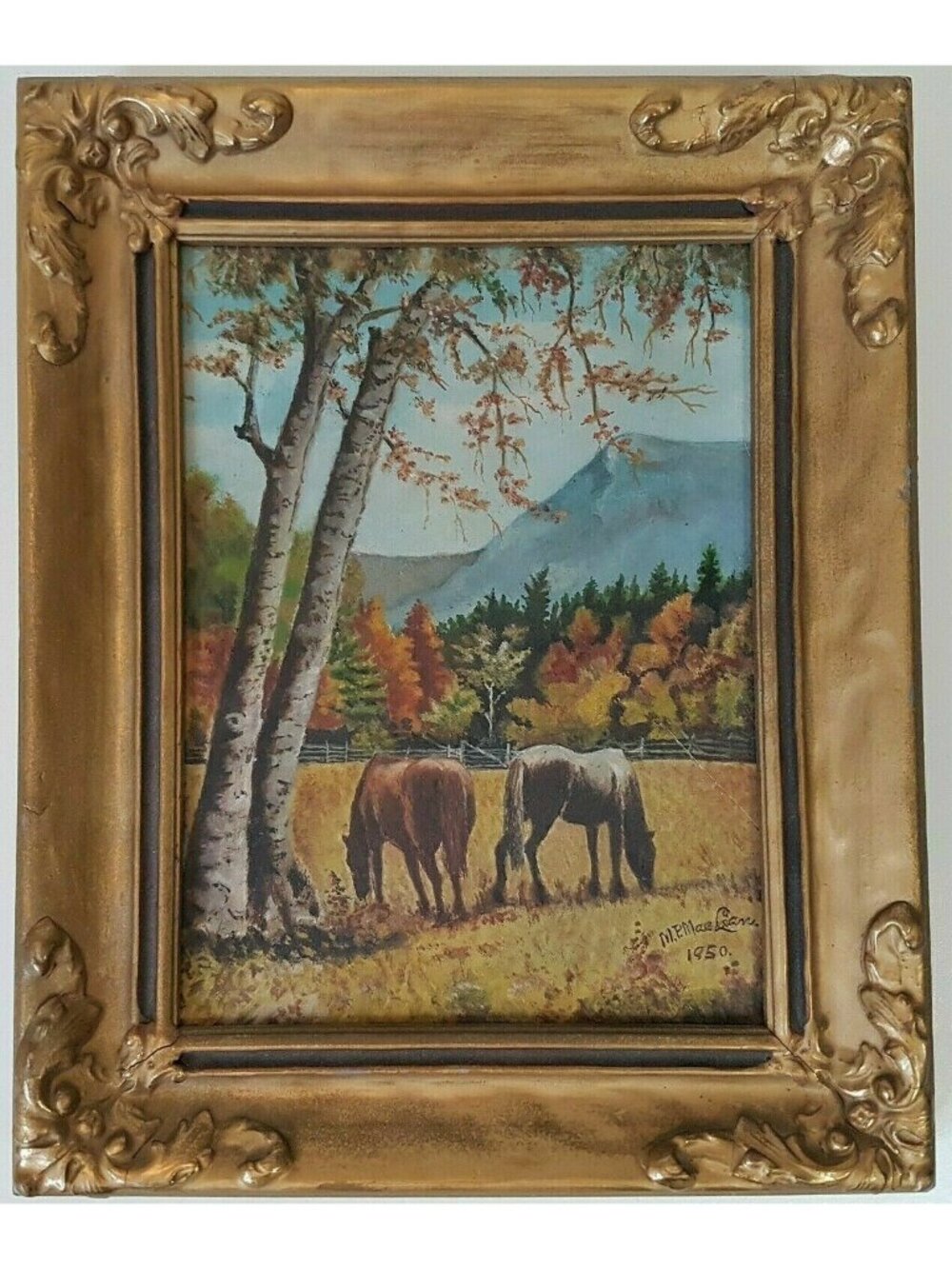 OIL PAINTING Grazing Horses Equestrian MP MacLean Ornate Frame Vintage Small
